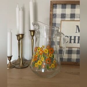 Vintage Floral Glass Pitcher with Orange and Yellow Flowers